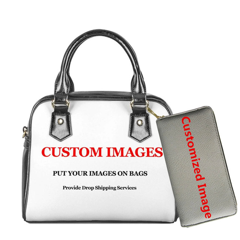 Customizable leather handbag and wallet set with white front panel, black trim, and structured handles.