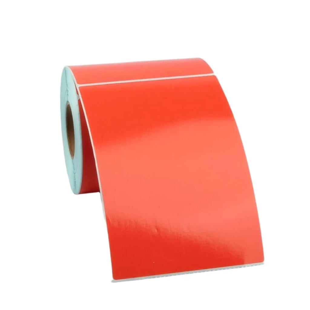 Direct thermal label roll, red-orange color, adhesive backing