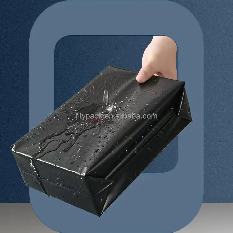 Black poly mailer shipping bag with self-seal flap, water-drop style texture