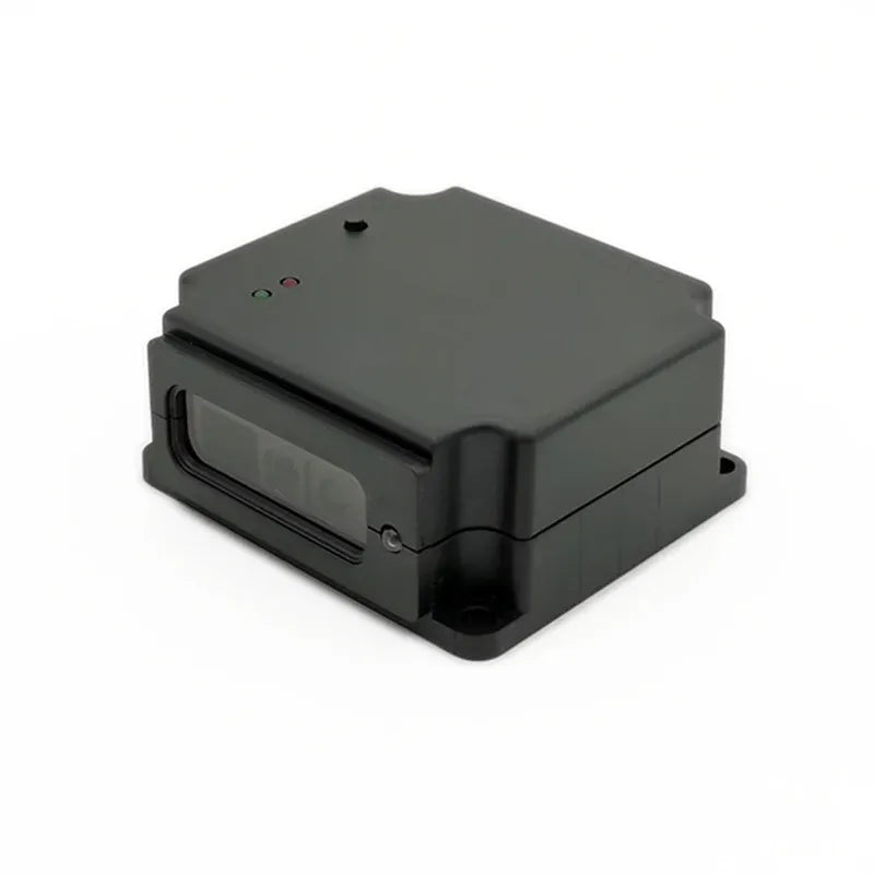2D barcode scanner unit with front scan window and dark gray case
