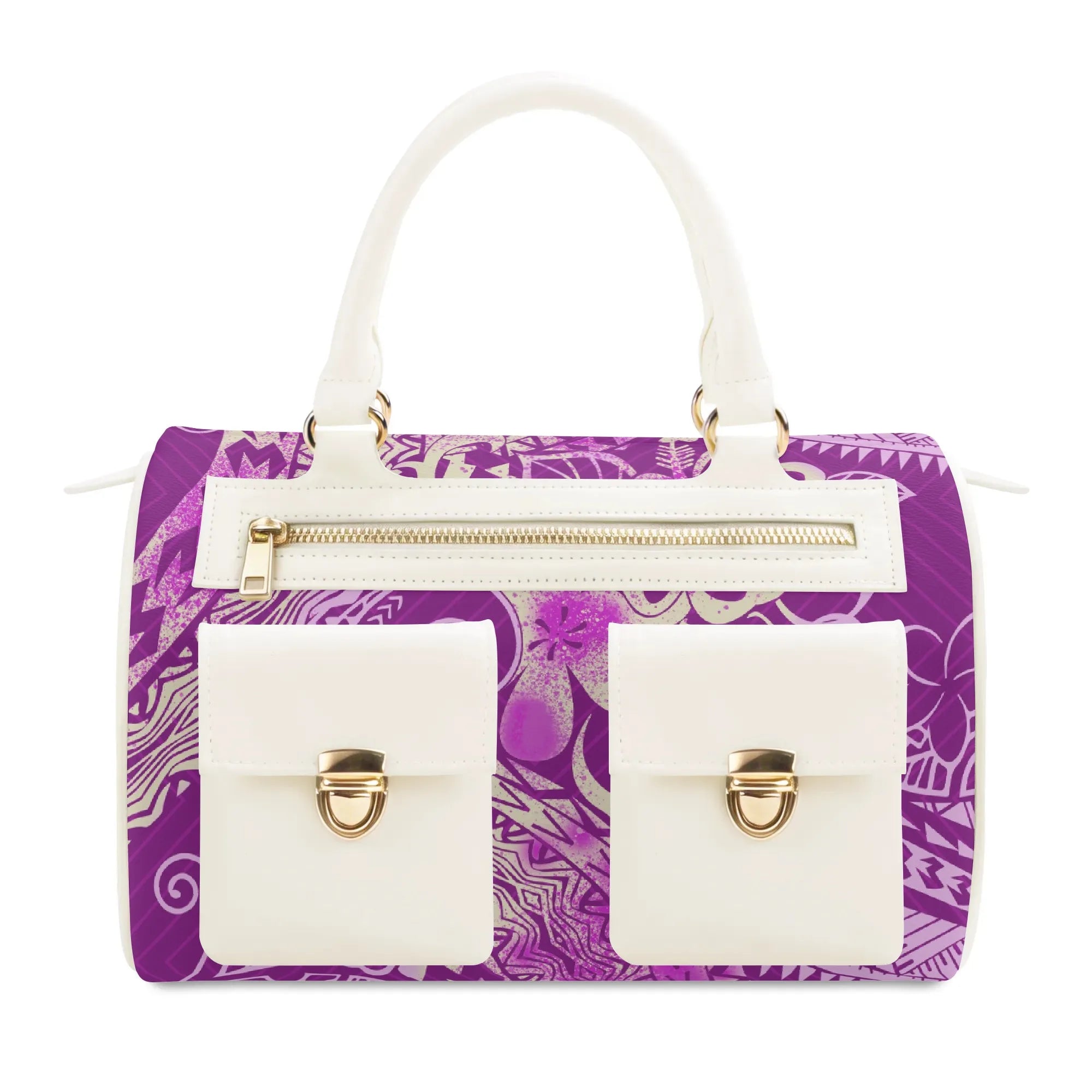 Purple tribal print PU leather designer tote bag with white trim, gold zipper pockets, and dual handles.