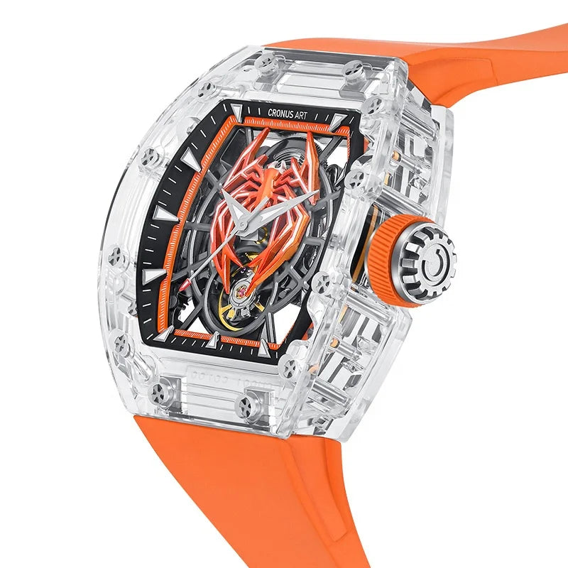 CRONUSART  Crystal Tonneau Men's Mechanical Watches with Transparent Luminous Dial and Spider Theme Design
