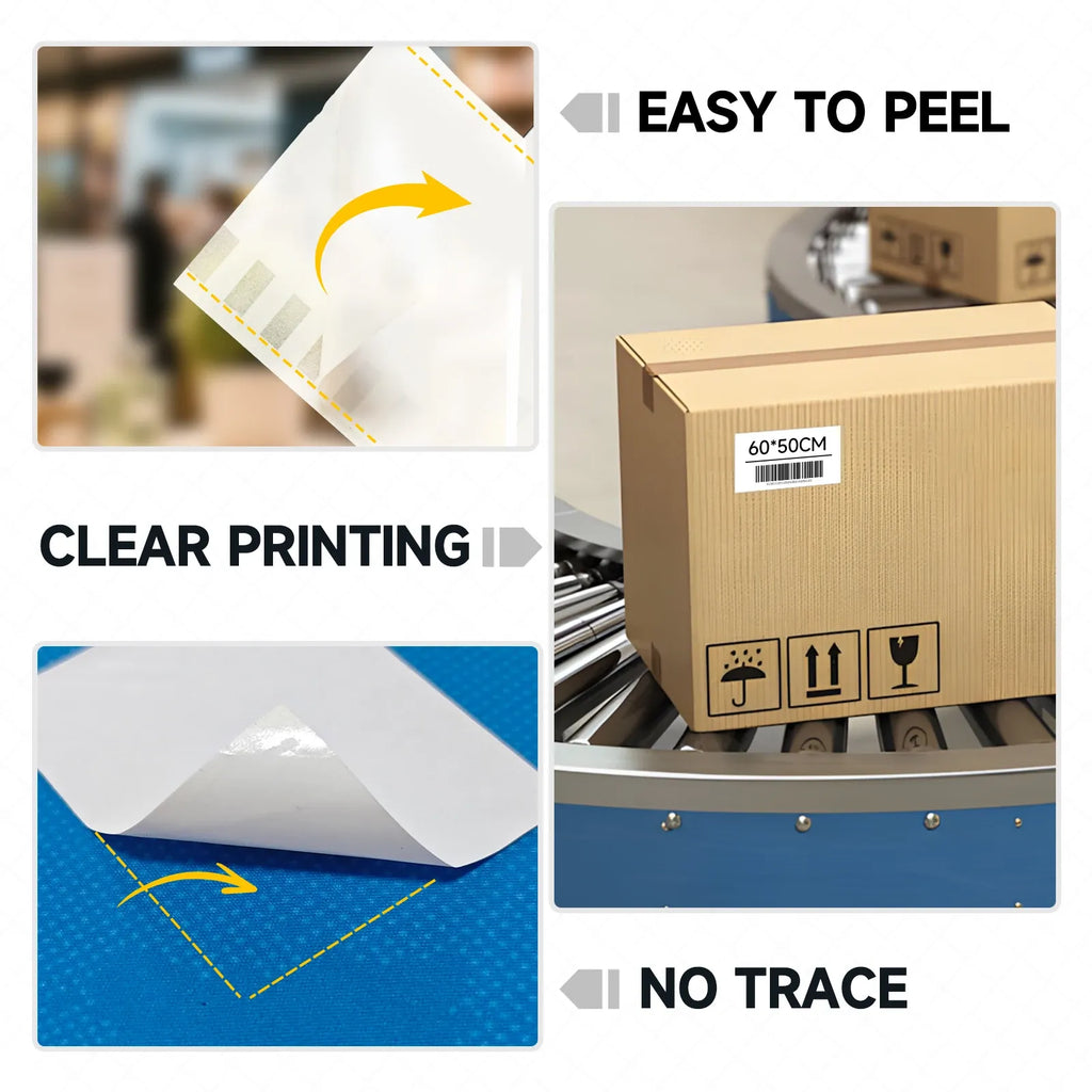 White thermal label sheet material with corner cut lines and clear printed surface