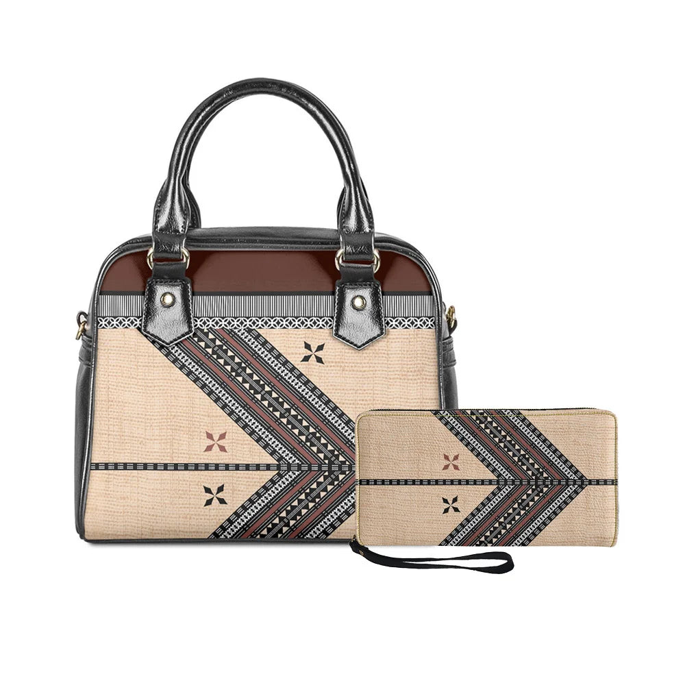 Two-piece handbag set featuring Polynesian tribal patterns, beige, brown, and black colors, with a classic trunk shape.
