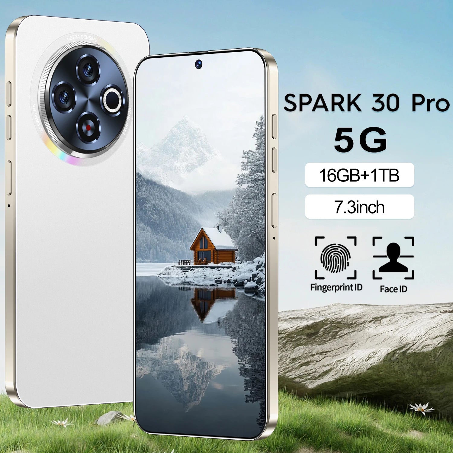 Tidesmit Spark 30 5G smartphone featuring a large 7.3 inch vivid display and sleek design for an immersive experience.