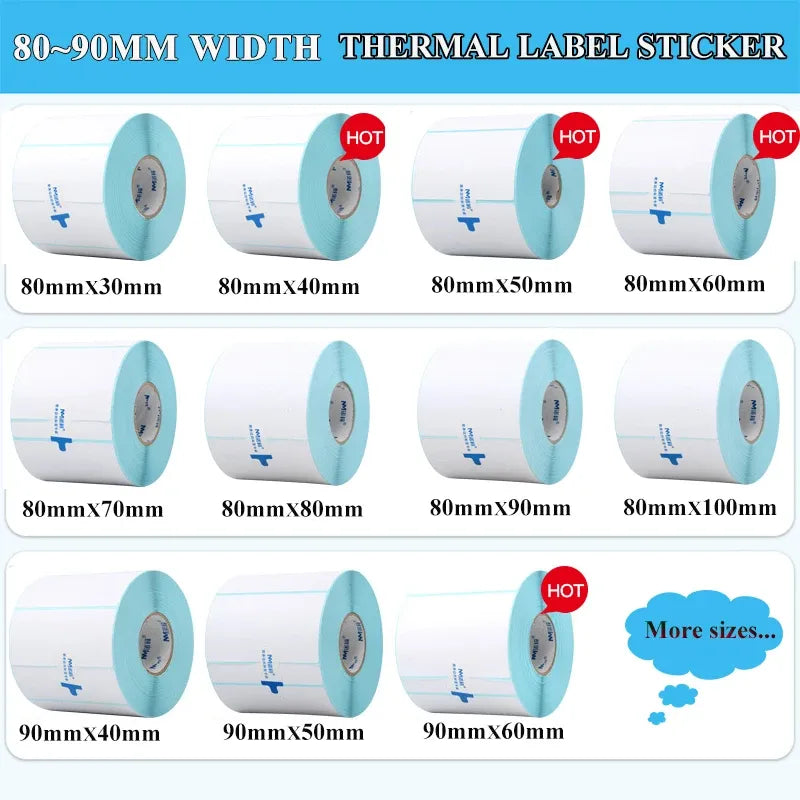 Thermal label sticker rolls set, blue backing, multiple sizes shown
