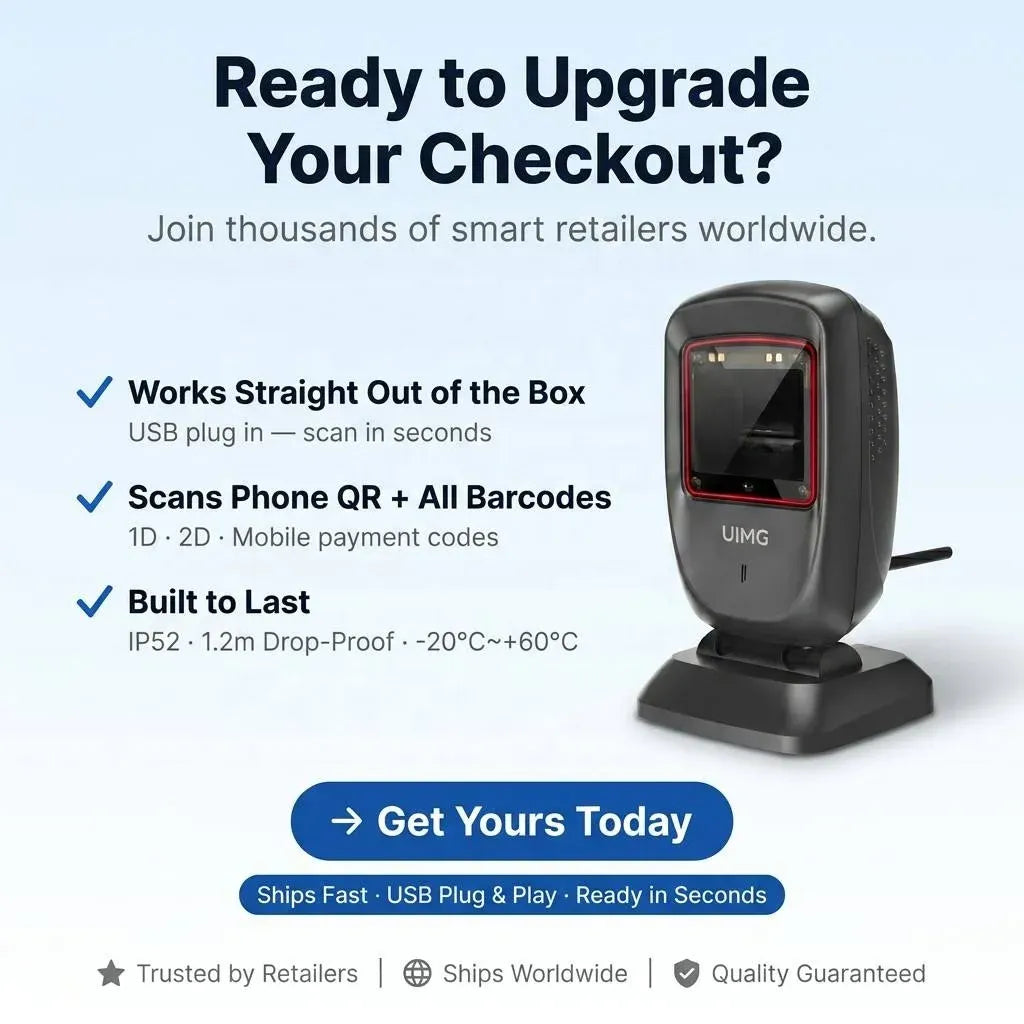 Black 2D QR code scanner on stand with upgrade checklist and USB plug-and-play callout