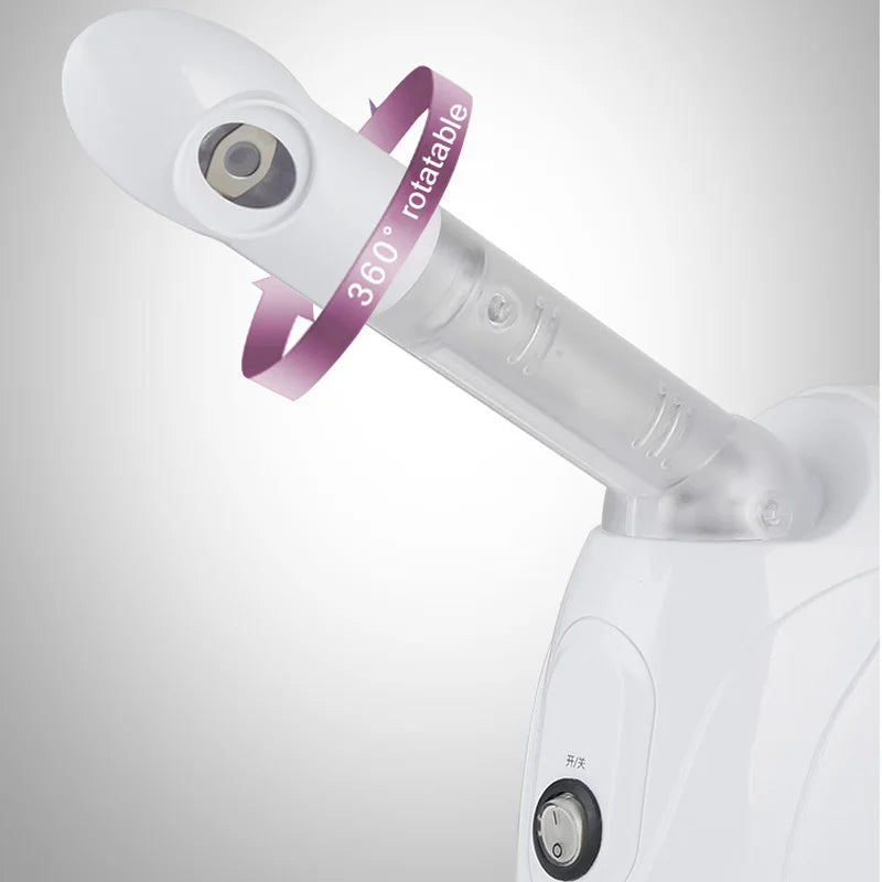 White portable facial steamer with 360-degree rotatable spray nozzle for professional home spa skin care treatment.