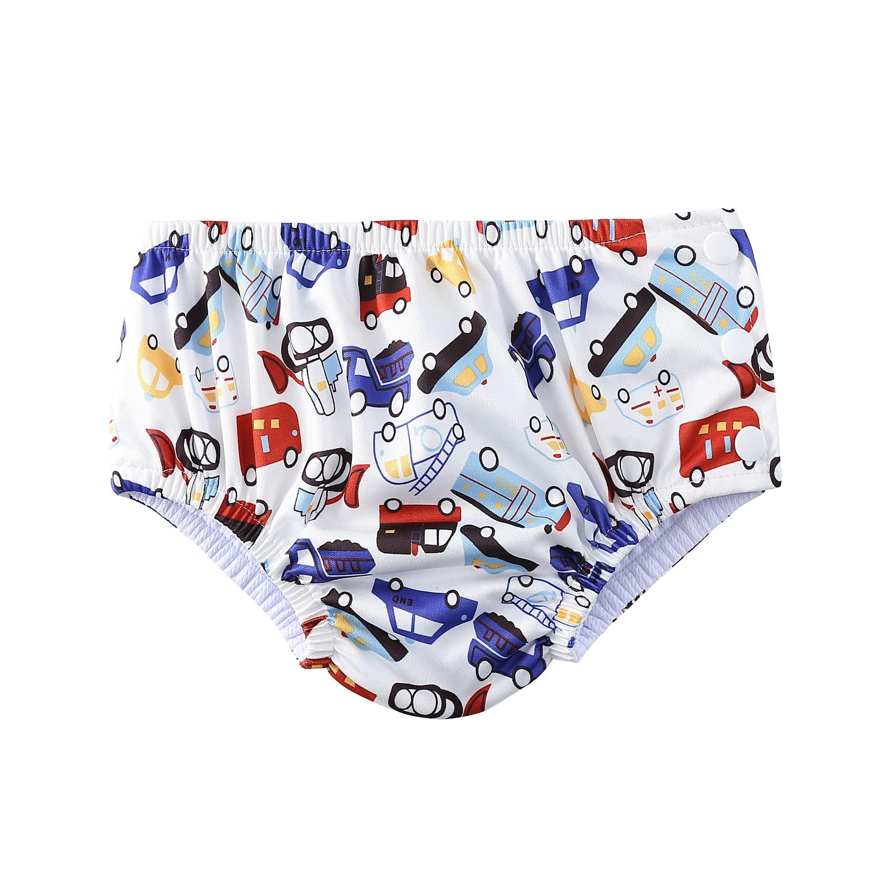 Baby reusable swim diaper with colorful car and truck print, side snap closure for easy changing.