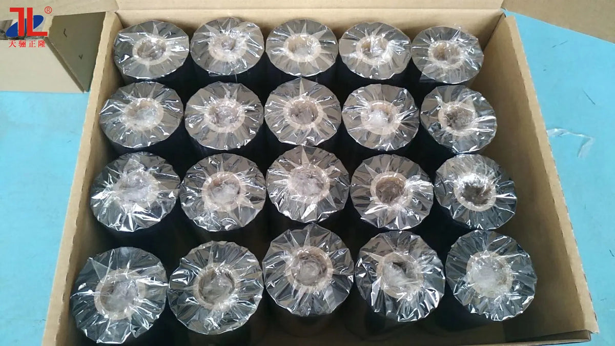 Bulk resin thermal transfer ribbon rolls, wrapped in protective film