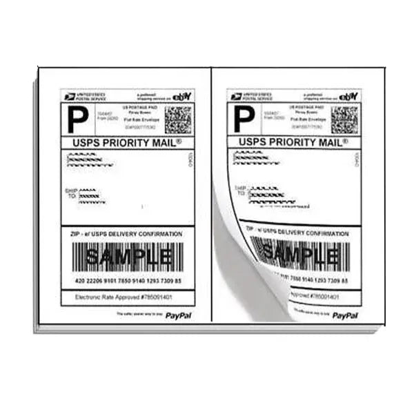 Two white shipping label stickers with USPS text, barcodes, and QR code