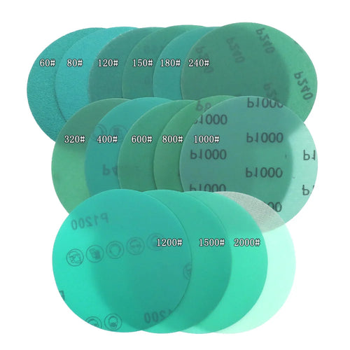 Teal hook-and-loop sanding discs, assorted grit labels printed on circular pads