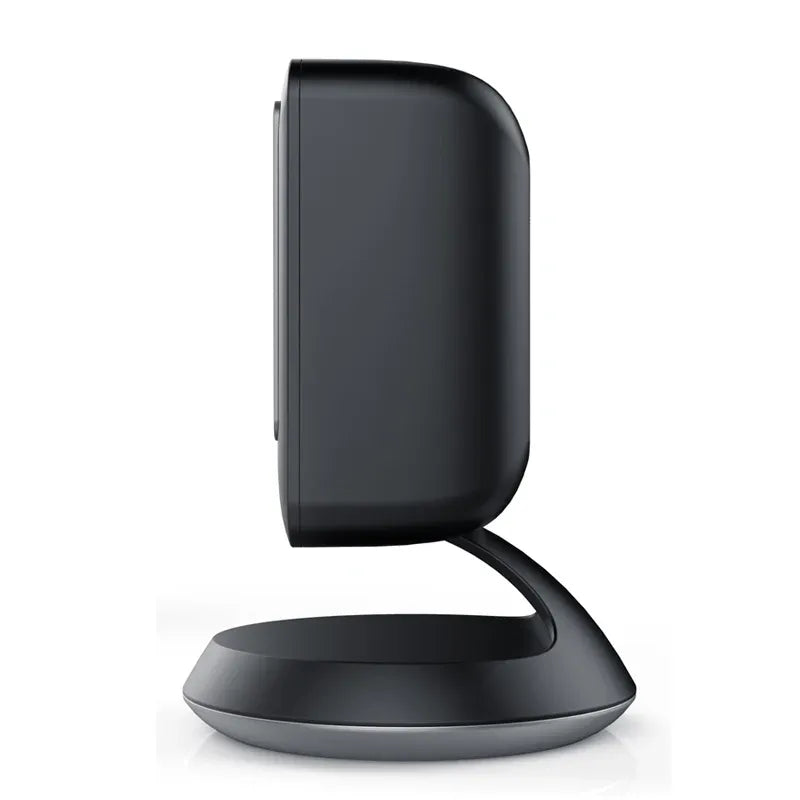 Side view of black desktop barcode scanner on round base with USB cable