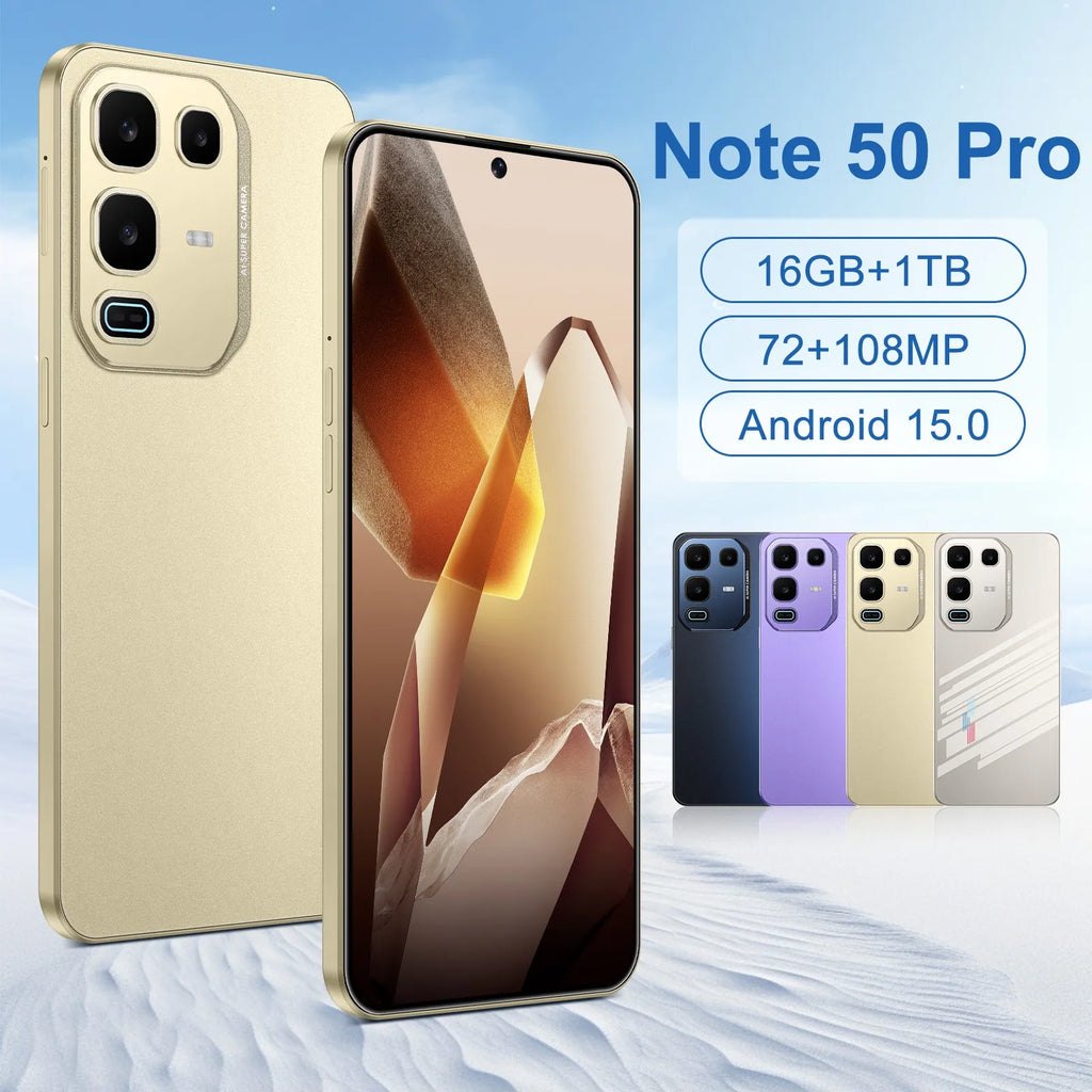 Tidesmit Note 50 Pro 5G smartphone with 108MP camera, 1TB storage, and 7.3 inch display in sleek finish.
