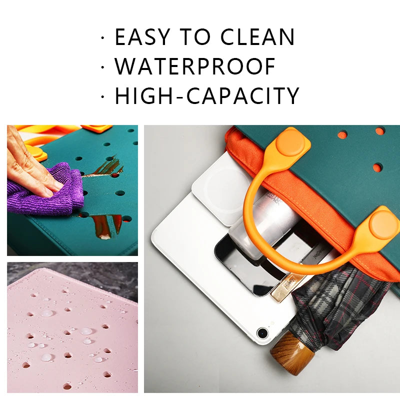 Waterproof EVA tote bag in green and orange with charm holes and high-capacity storage for daily use. Trunks style.