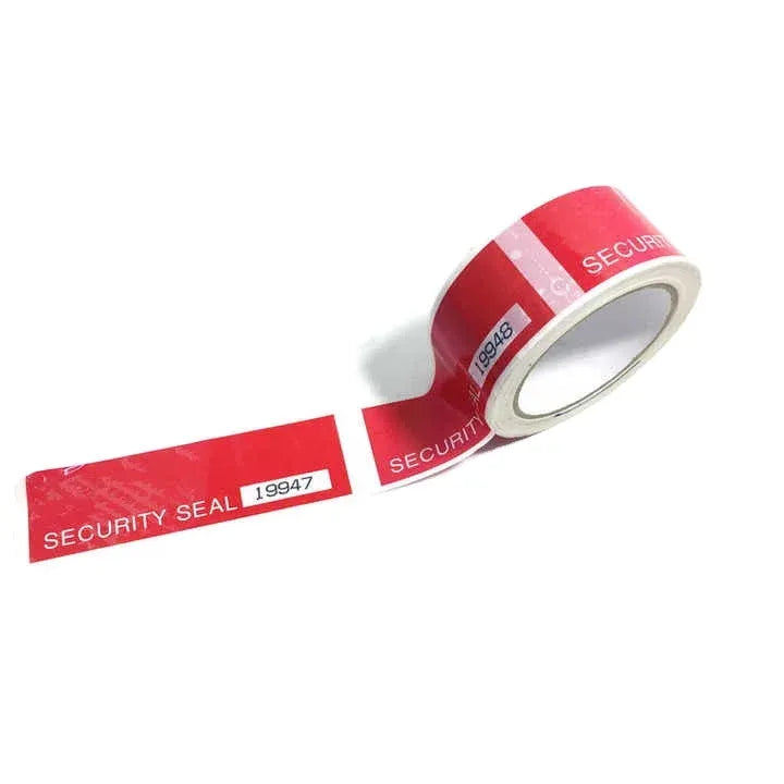 Red security seal tape roll and loose strip with white center stripe and printed code