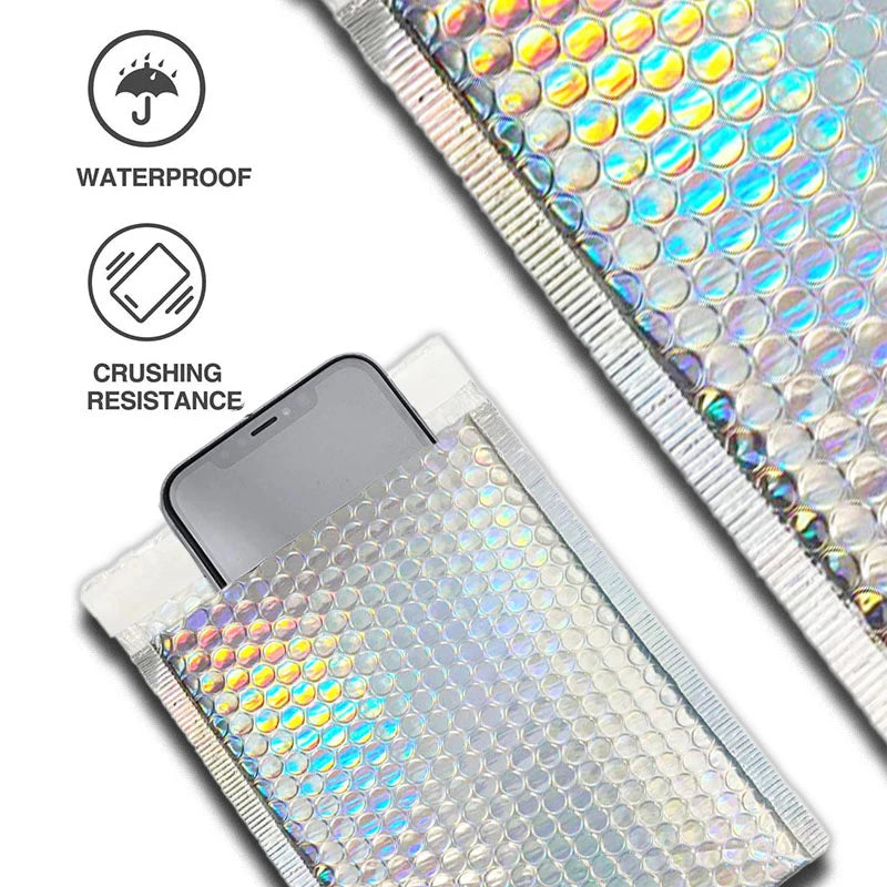Holographic padded mailing envelope with phone inside, bubble texture