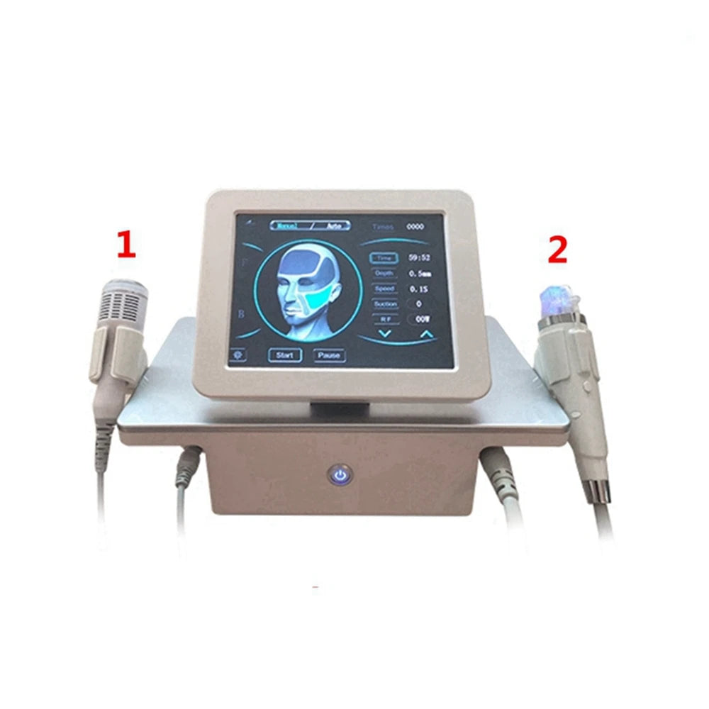 Microneedle RF machine with two handles, digital screen, and disposable connection tubes for professional skin care.