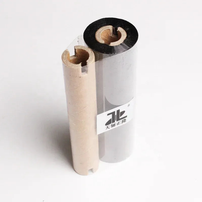 Two thermal transfer ribbon rolls showing black outer and light cardboard inner cores.