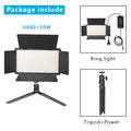 U800+ 50W rectangular LED video light panel with black barn doors, power adapter, and a foldable tabletop tripod.
