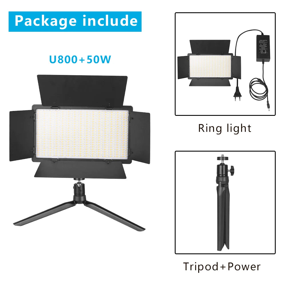 U800+ 50W rectangular LED video light panel with black barn doors, power adapter, and a foldable tabletop tripod.
