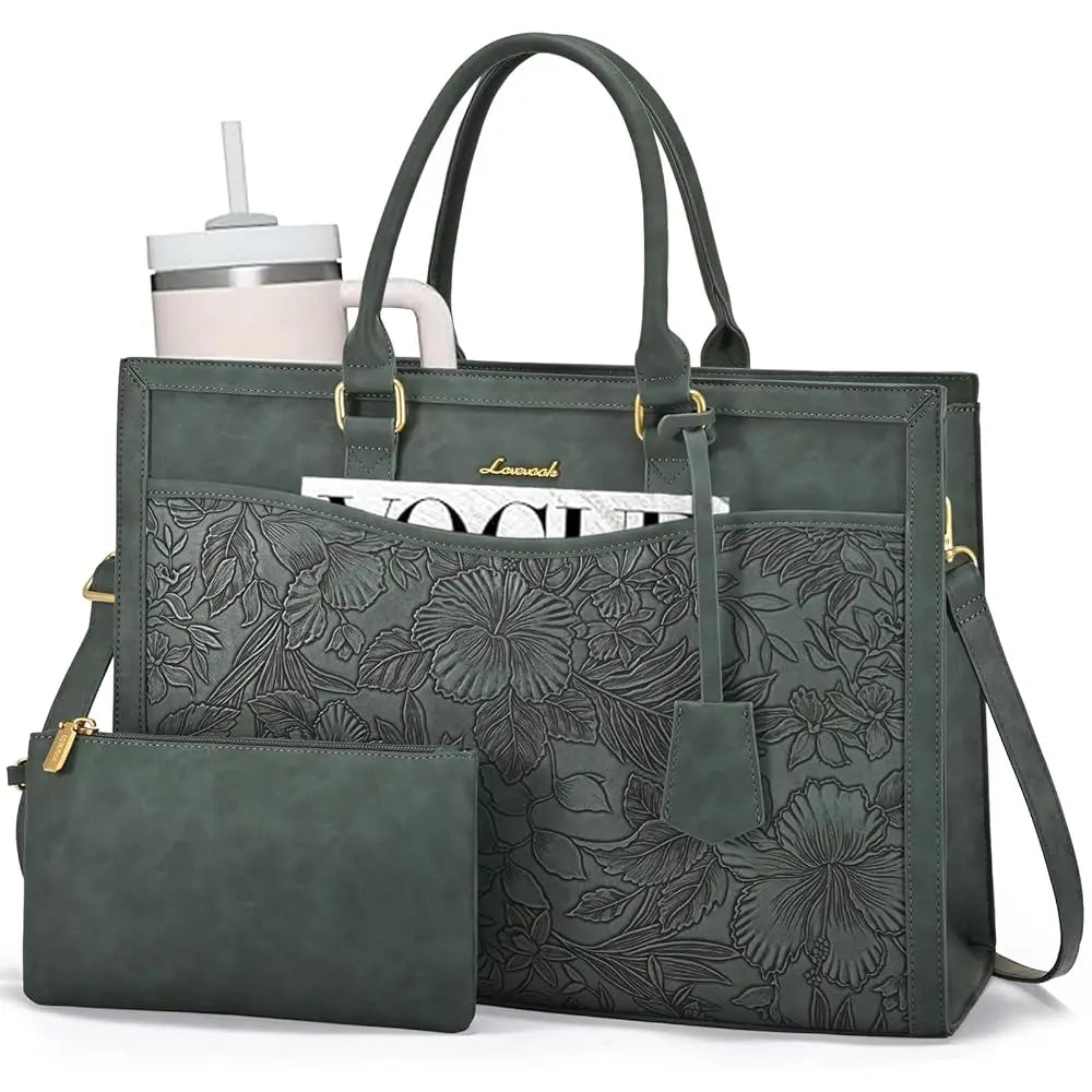 LOVEVOOK dark green floral embossed designer laptop tote bag with matching pouch for work and travel.