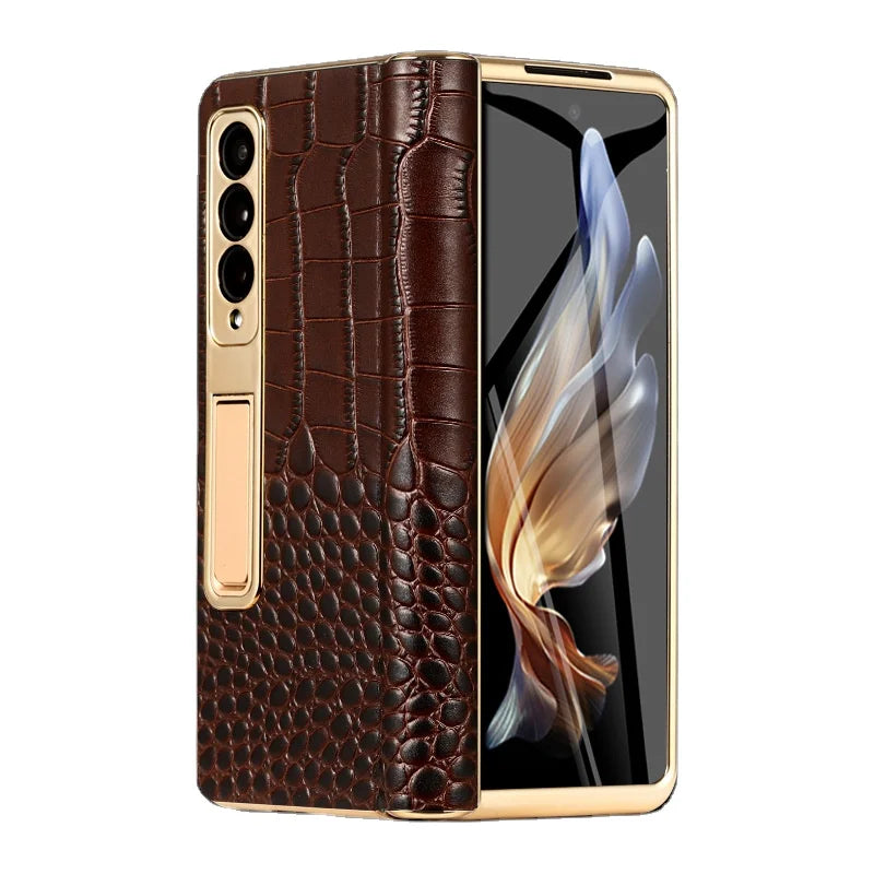 For Samsung Galaxy ZFold 6 Z Fold 5 Crocodile Genuine Leather Electroplated Hinge Full Protective Case Tempered Screen Protector Tidesmit