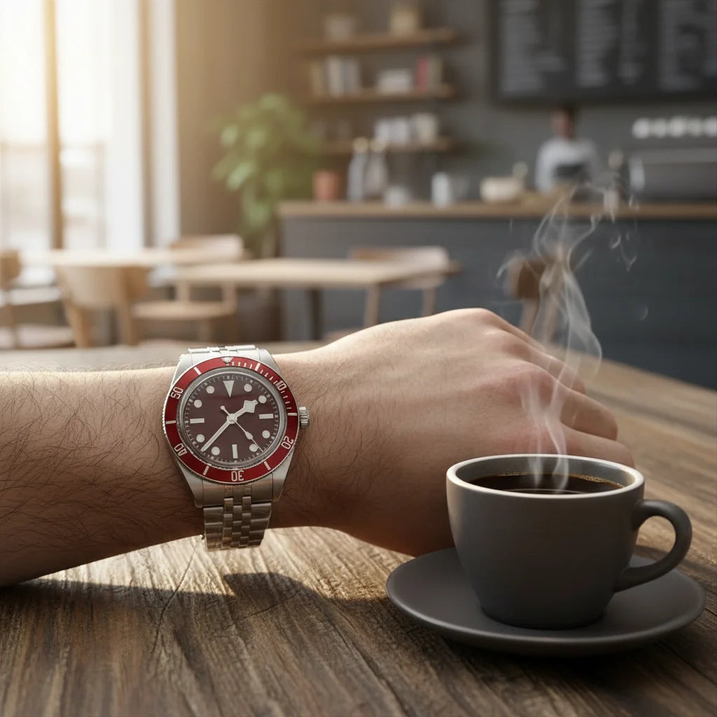 Men's Automatic Mechanical Watch Super Luminous Red Dial Red Bezel Stainless Steel Luxury Fashion Diver Watch Power Reserve