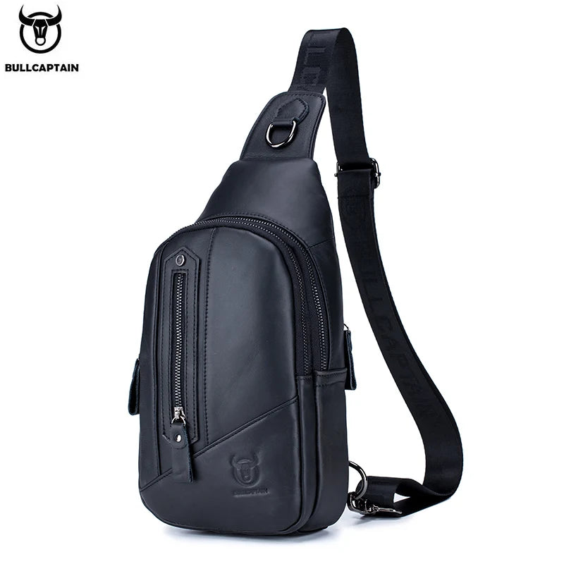 BULLCAPTAIN black leather men’s chest bag, casual crossbody sling messenger with multi-function zip pockets.