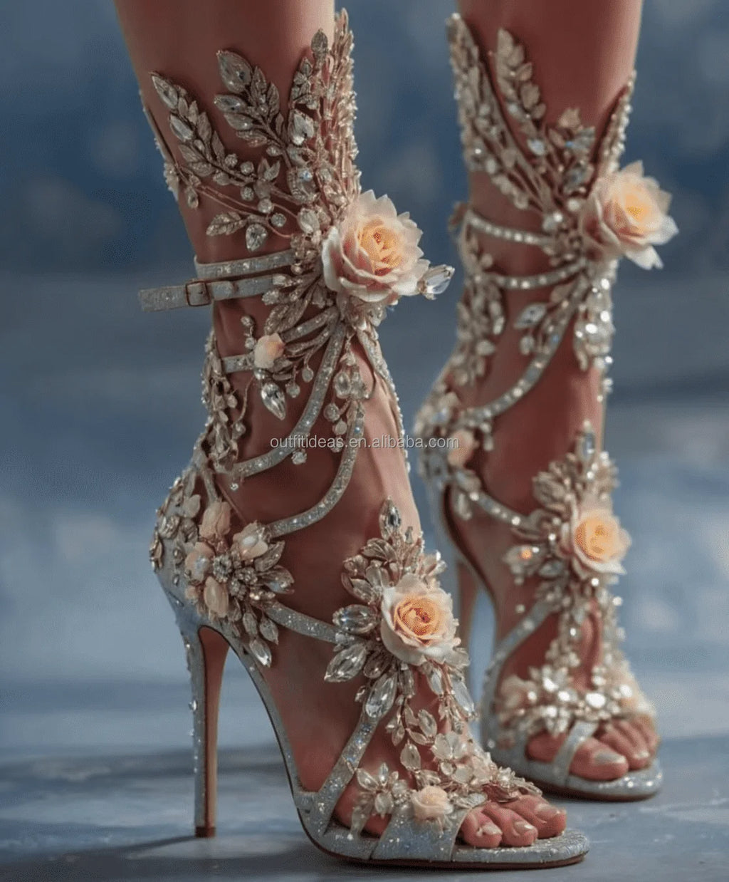 Elegant Wedding Sexy Rhinestone Bedazzled Heels Blue Flower Ankle Wrap Tie up Crystal Strappy Sandal Sparkly Stiletto Prom Shoes