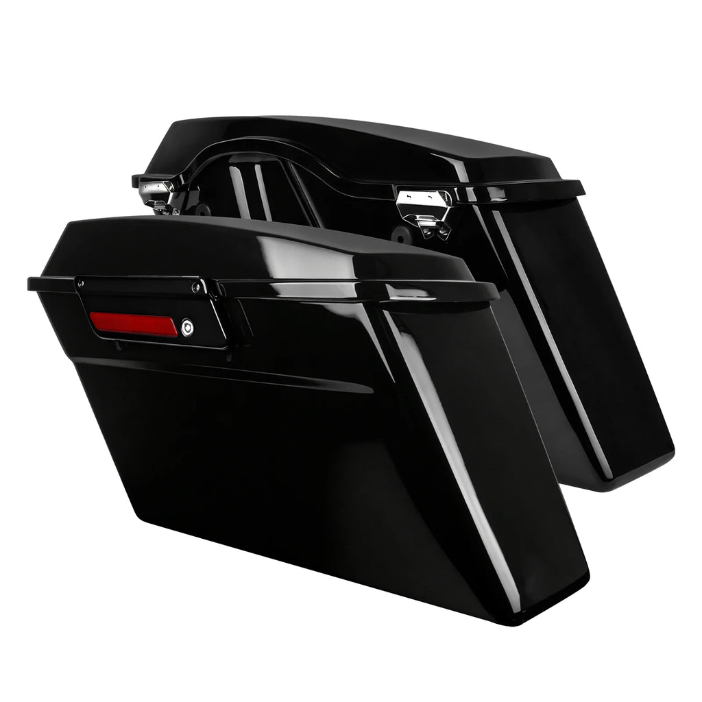 Glossy black hard saddlebag trunks for Harley Touring 1994-2013 with chrome latches and red reflector accents.