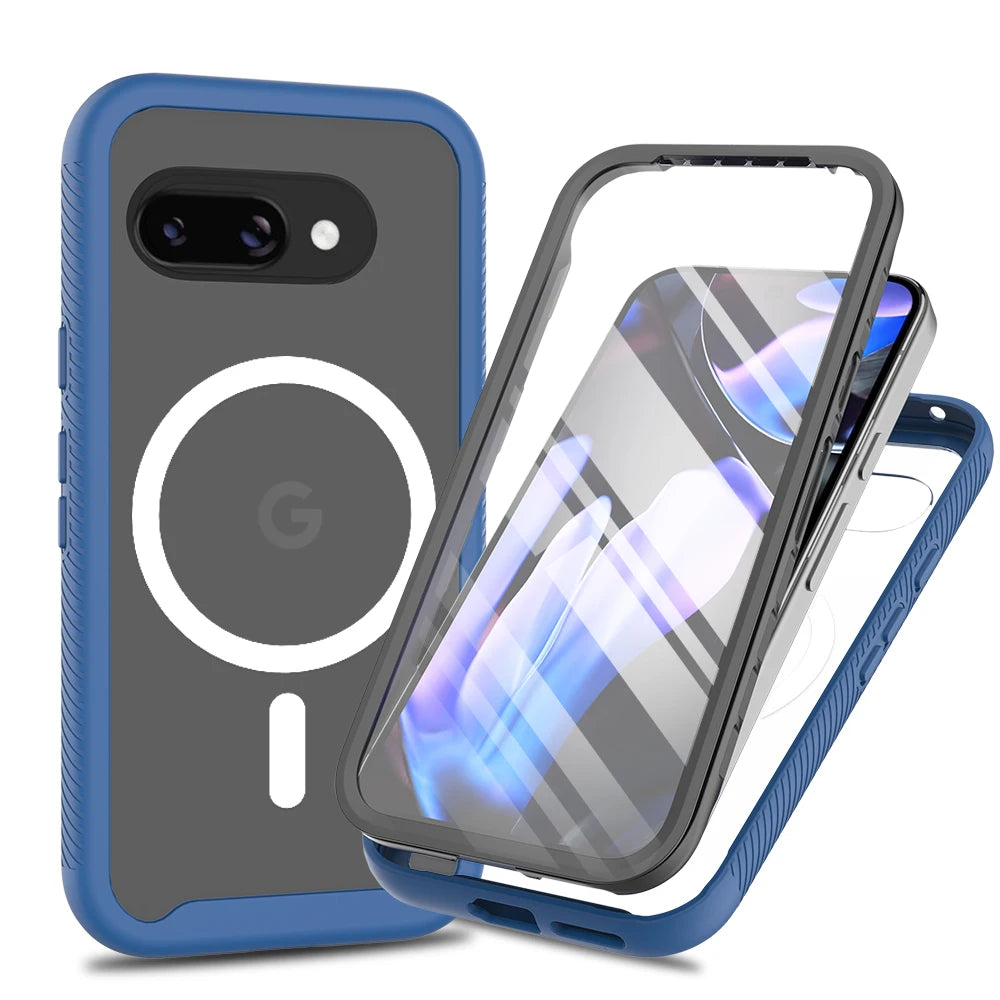 360 Full Body Protective Cover for Google Pixel 8A 9A 8 9 Pro XL PC PU Leather Screen Protector Wireless Charging Compatible Navy Blue OPP Bag Tidesmit