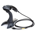 Black handheld barcode scanner with USB cable, coiled cord and connector ends
