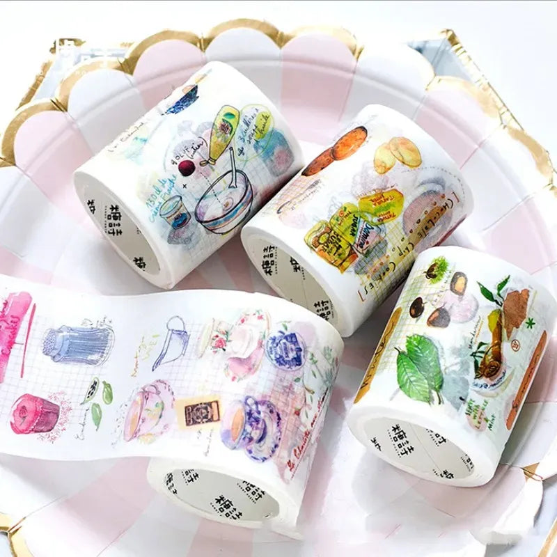 Cute food masking tape rolls with illustrated drinks and snacks on white tape