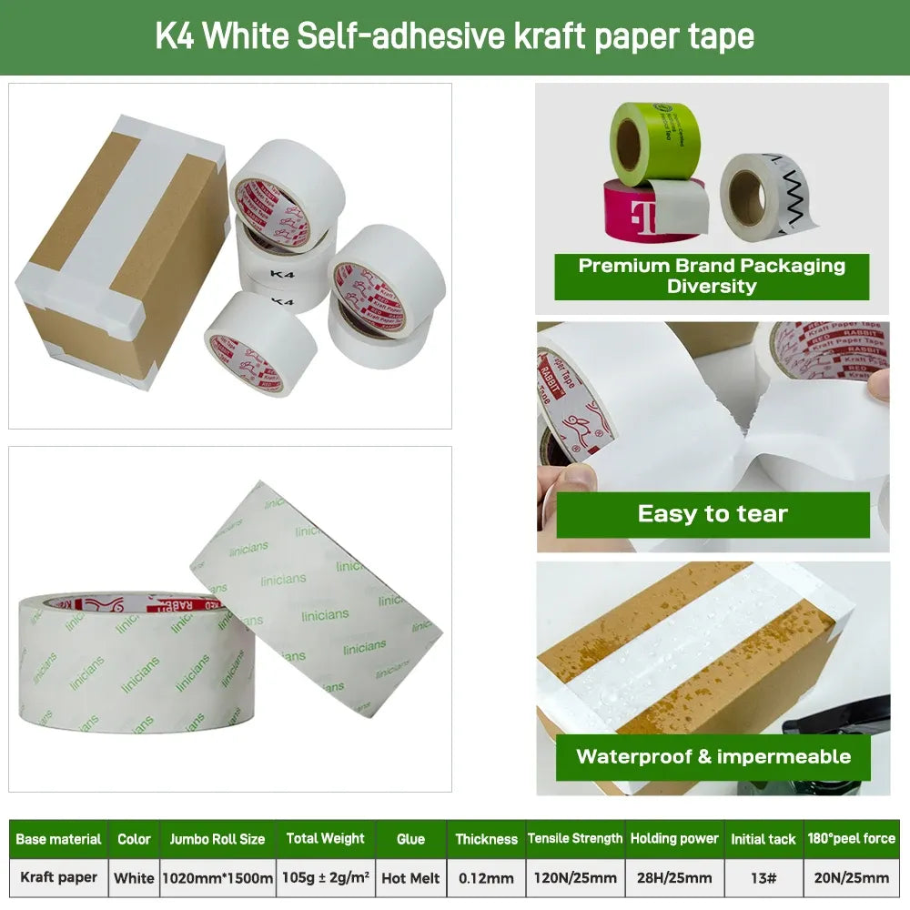 White self-adhesive kraft paper tape rolls and strips with printed brand logo