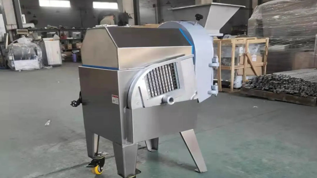 Industrial metal machine with blue trim and large ventilation panel