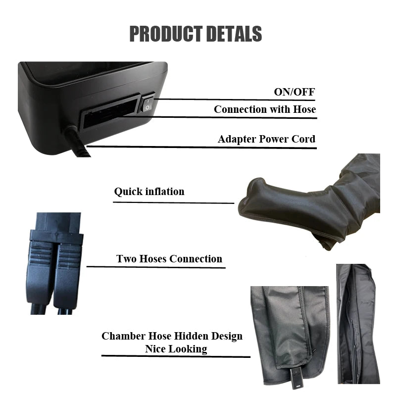 Black pneumatic leg compression pump with power switch, hose connectors, and inflatable fabric leg sleeves.