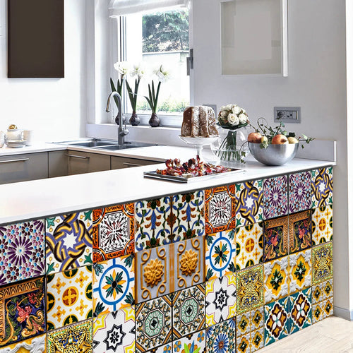 Retro Moroccan tile contact paper stickers in a colorful geometric pattern on kitchen cabinets