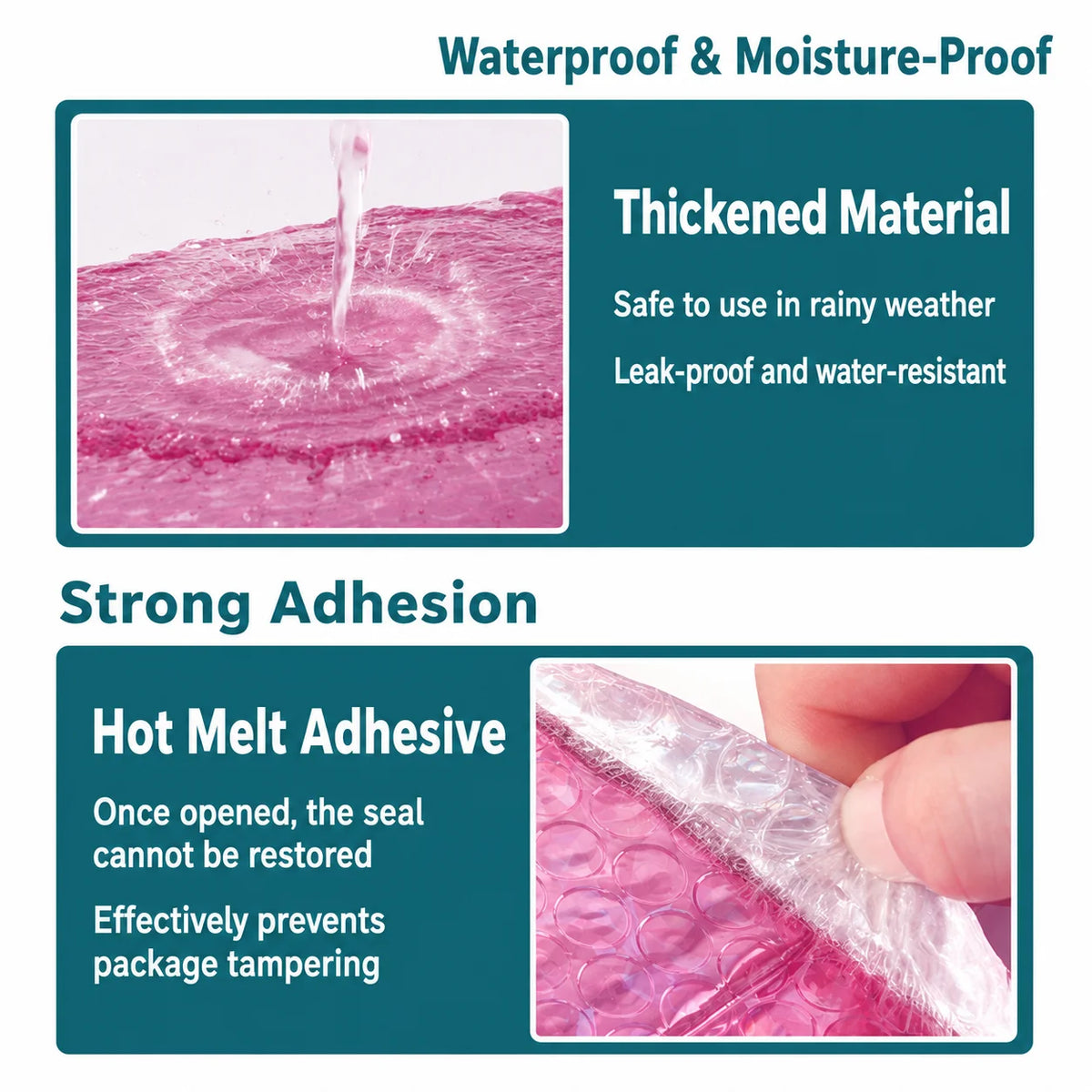 Pink waterproof bubble mailer material with water spray and sealed edge close-up