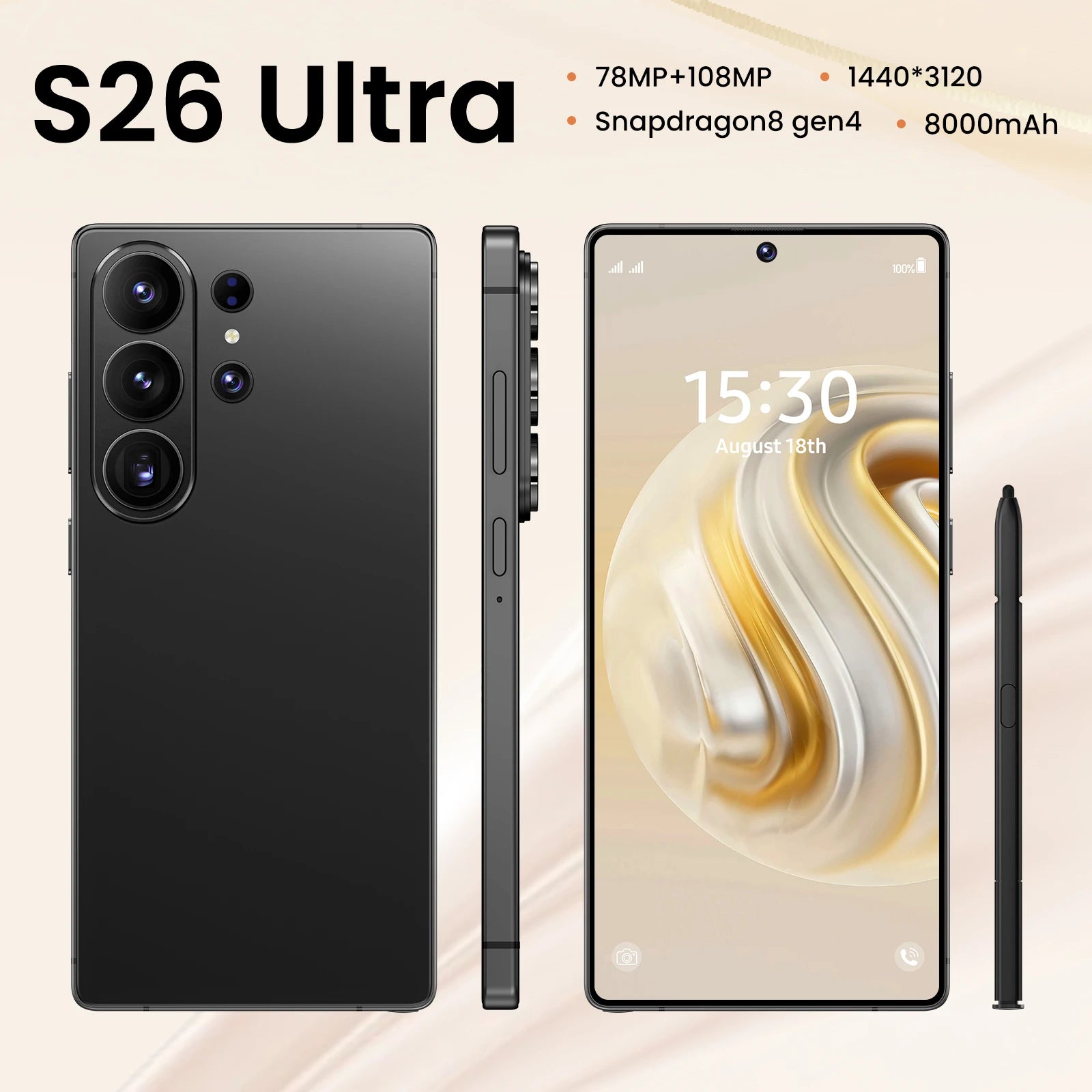 Tidesmit S26 Ultra 5G smartphone with 22GB RAM, 2TB storage, and 7.3-inch screen, unlocked Android 15 with S-Pen.