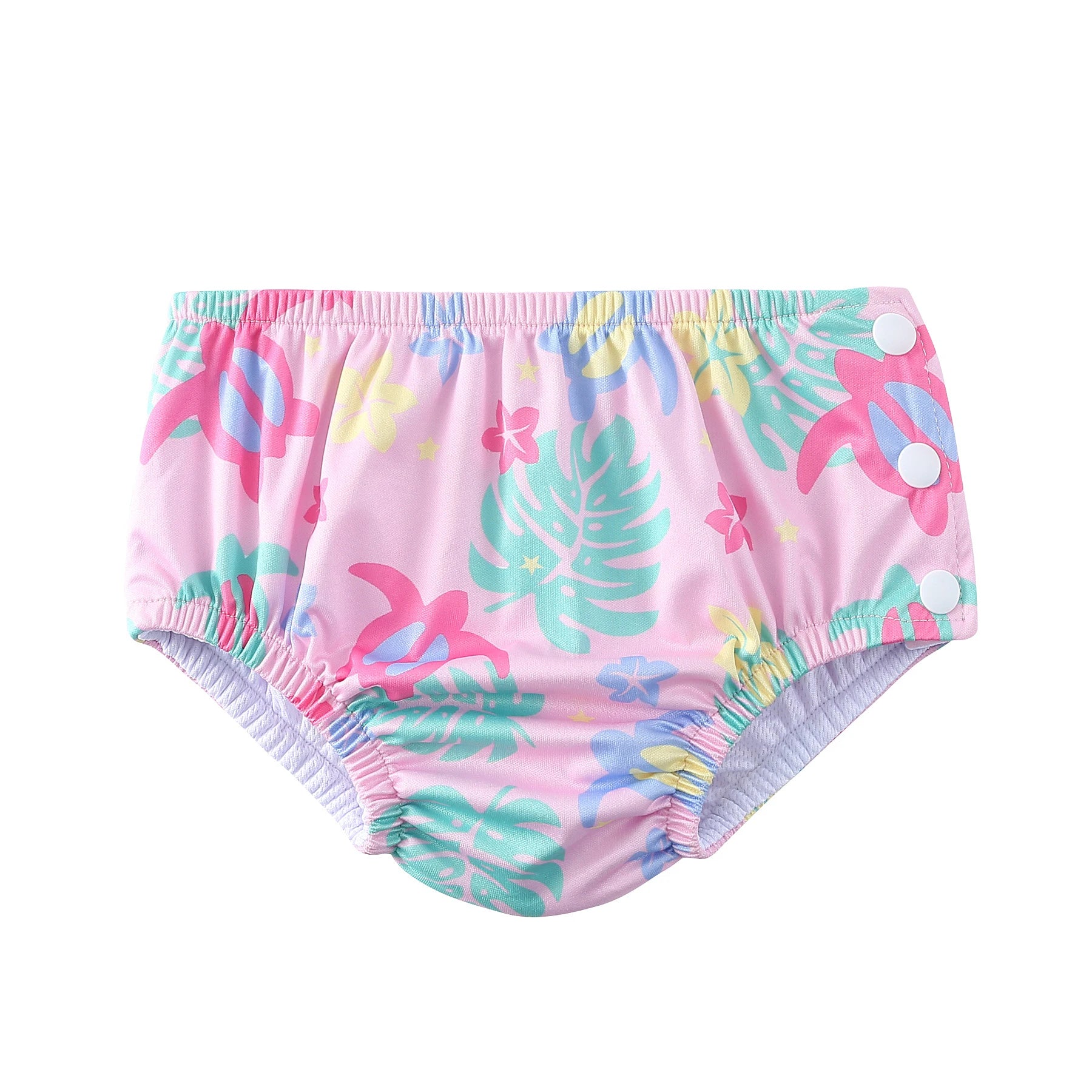 Pink tropical floral reusable baby swim diaper with side snap buttons for easy changes.