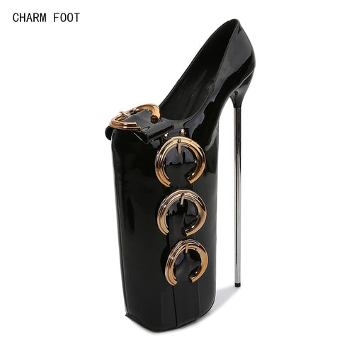 Black patent leather stiletto with extreme platform, gold buckled straps, and thin metal heel for luxury evening wear.
