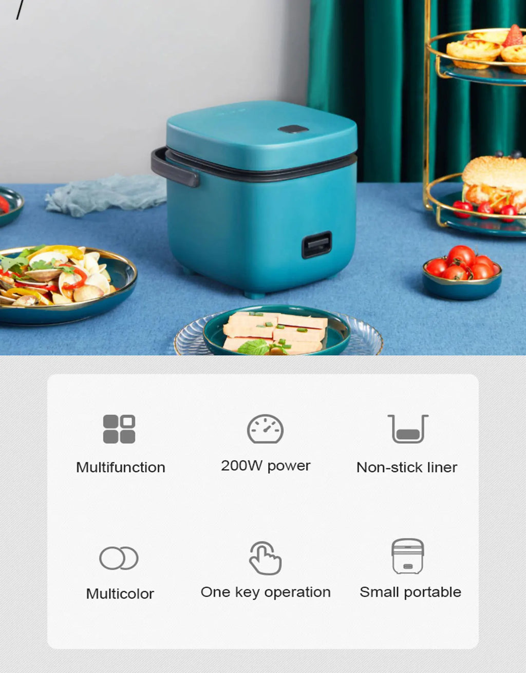 Mini electric rice cooker teal body on blue cloth, with function icons panel below.