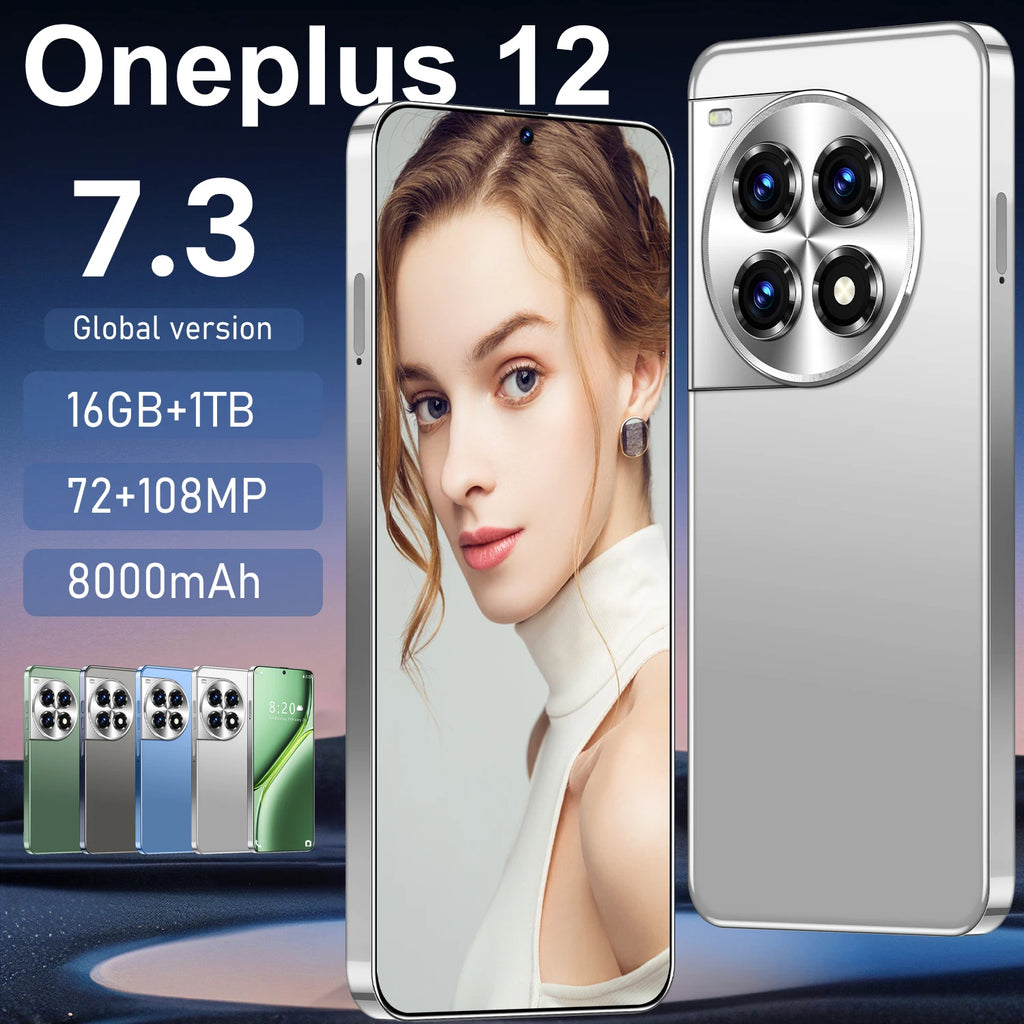 OnePlus 12 5G smartphone with 7.3-inch display, 16GB RAM, 1TB storage, and dual SIM, global unlocked version.