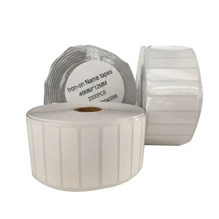 White iron-on name label tape rolls for labeling garments and clothing