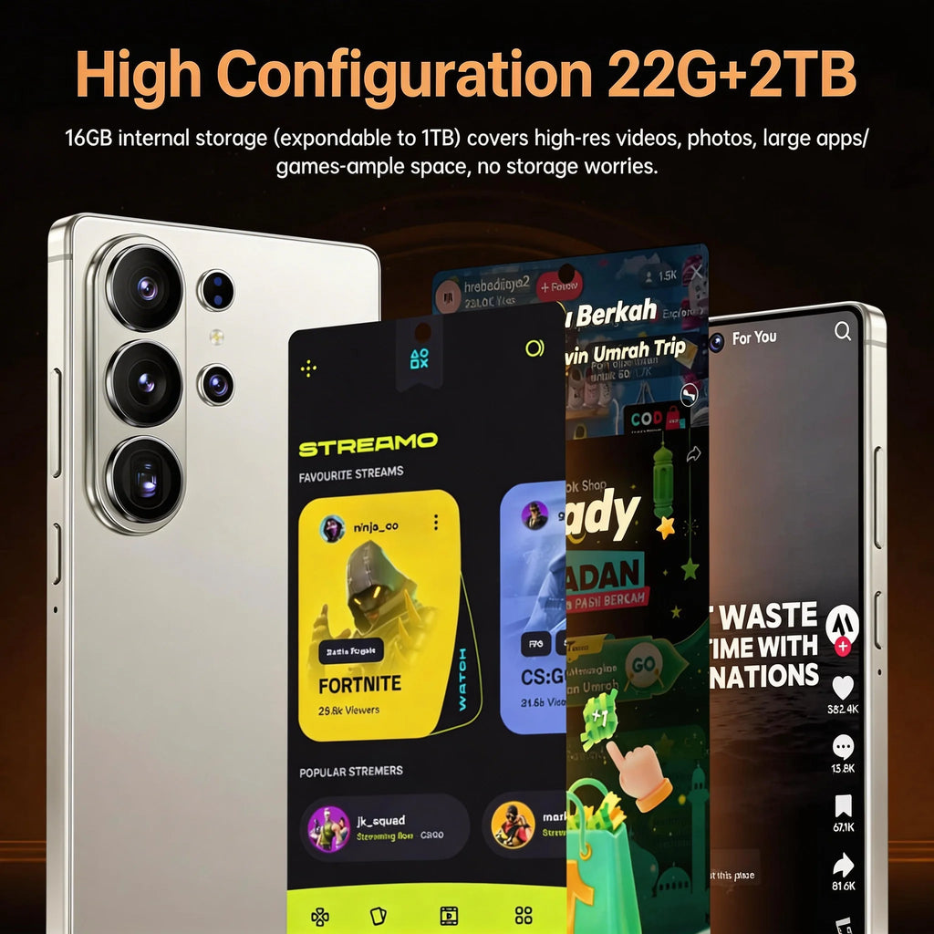 S26 Ultra 5G smartphone with 7.3 inch full screen, 22GB RAM, 2TB storage, built-in pen, and 108MP camera lens detail