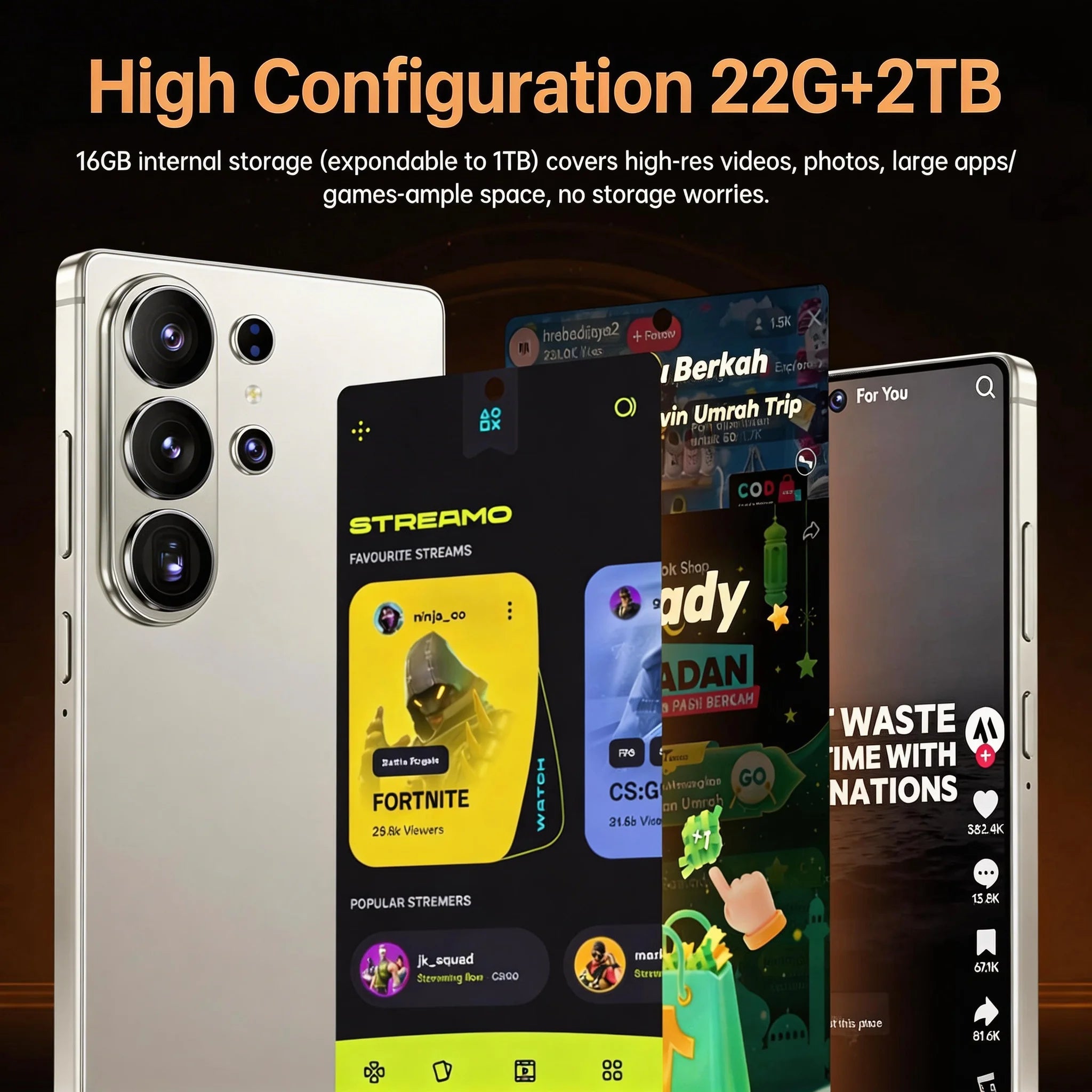S26 Ultra 5G smartphone with 7.3 inch full screen, 22GB RAM, 2TB storage, built-in pen, and 108MP camera lens detail