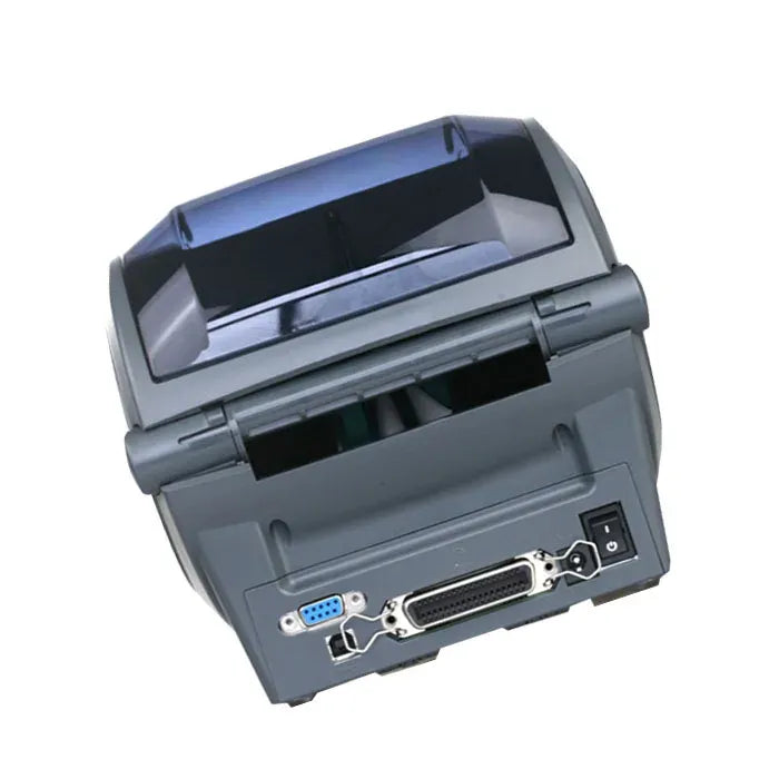 Thermal label printer rear view with multiple connector ports for cables