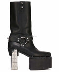 New With Box Unisex Men Cowboy Cow Leather Belt Wraps Metal Strips Transparent Clear Heel Runway LP Platform Ankle Boot for Men