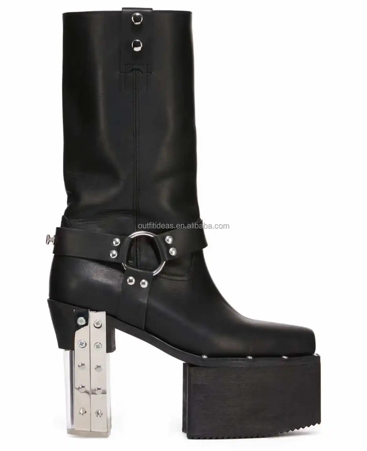 New With Box Unisex Men Cowboy Cow Leather Belt Wraps Metal Strips Transparent Clear Heel Runway LP Platform Ankle Boot for Men